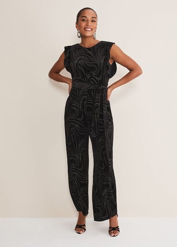 Phase Eight Victoriana Swirl Velvet Jumpsuit Black/Gold Australia | MC4589720